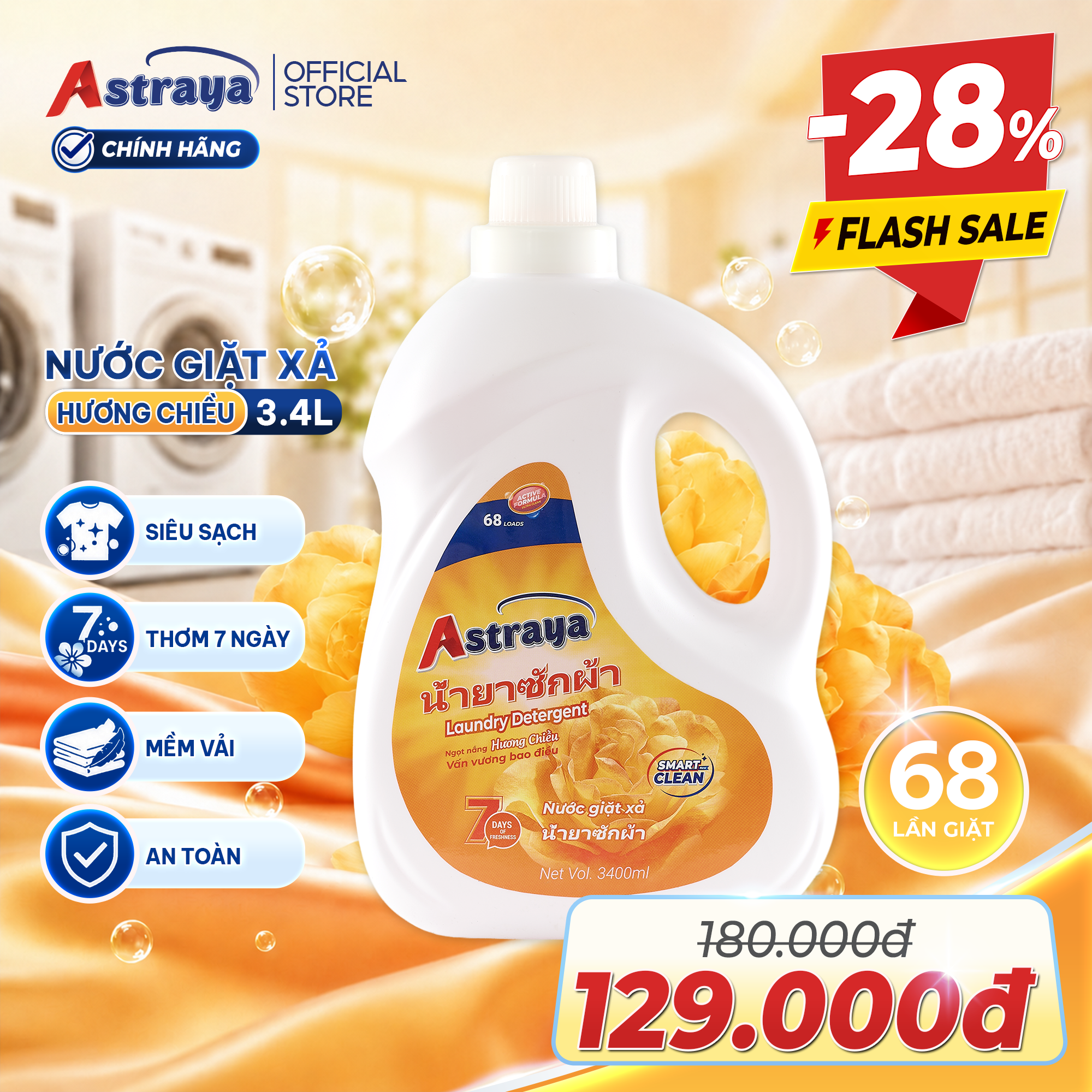 Nước giặt xả Astraya Hương Chiều – Sạch sâu, thơm dịu, mềm vải