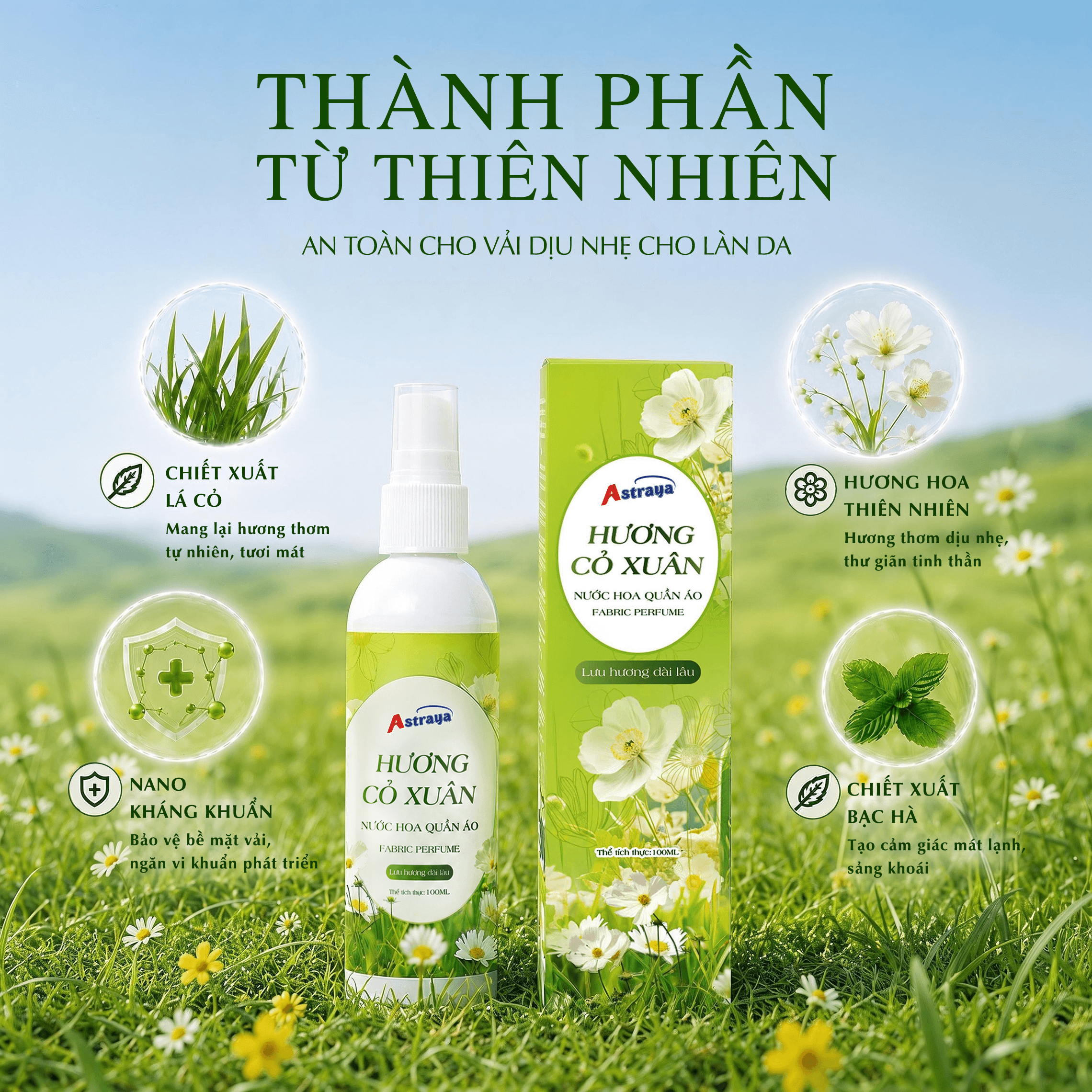 Xịt Thơm Quần Áo Astraya Hương Cỏ Xuân 100ml – Lưu Hương, Khử Mùi Vải - Ảnh 3