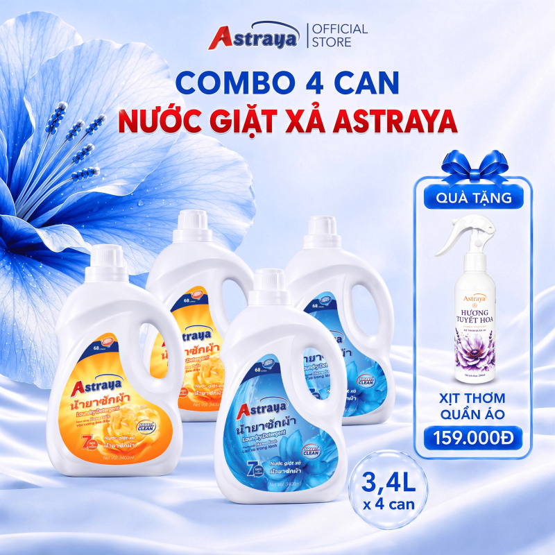 Combo 4 can nước giặt xả Astraya 3,4L tặng xịt thơm Tuyết Hoa 200ml